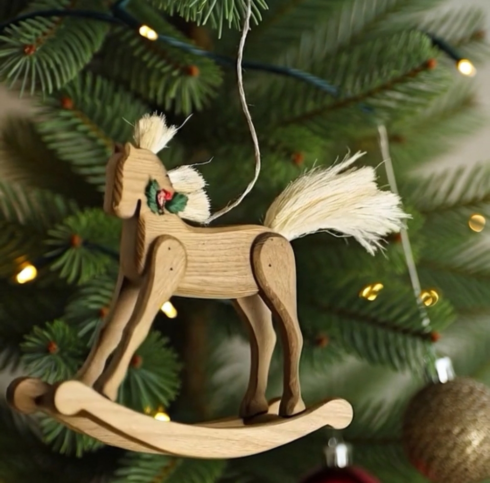 Vintage Wooden Rocking Horse Christmas Ornament Straw Mane Tail Holly Decor VG